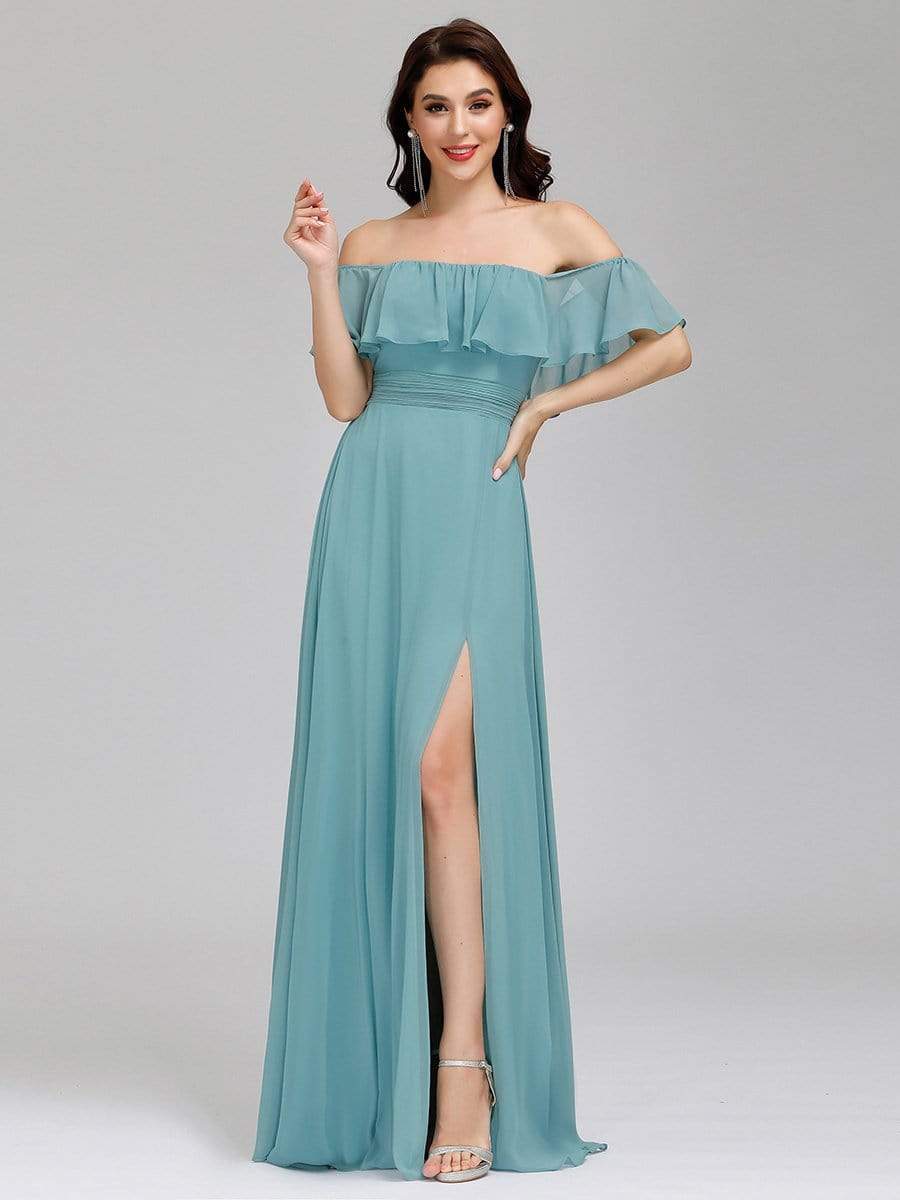 Color=Dusty Blue | Women'S A-Line Off Shoulder Ruffle Thigh Split Bridesmaid Dress-Dusty Blue 6