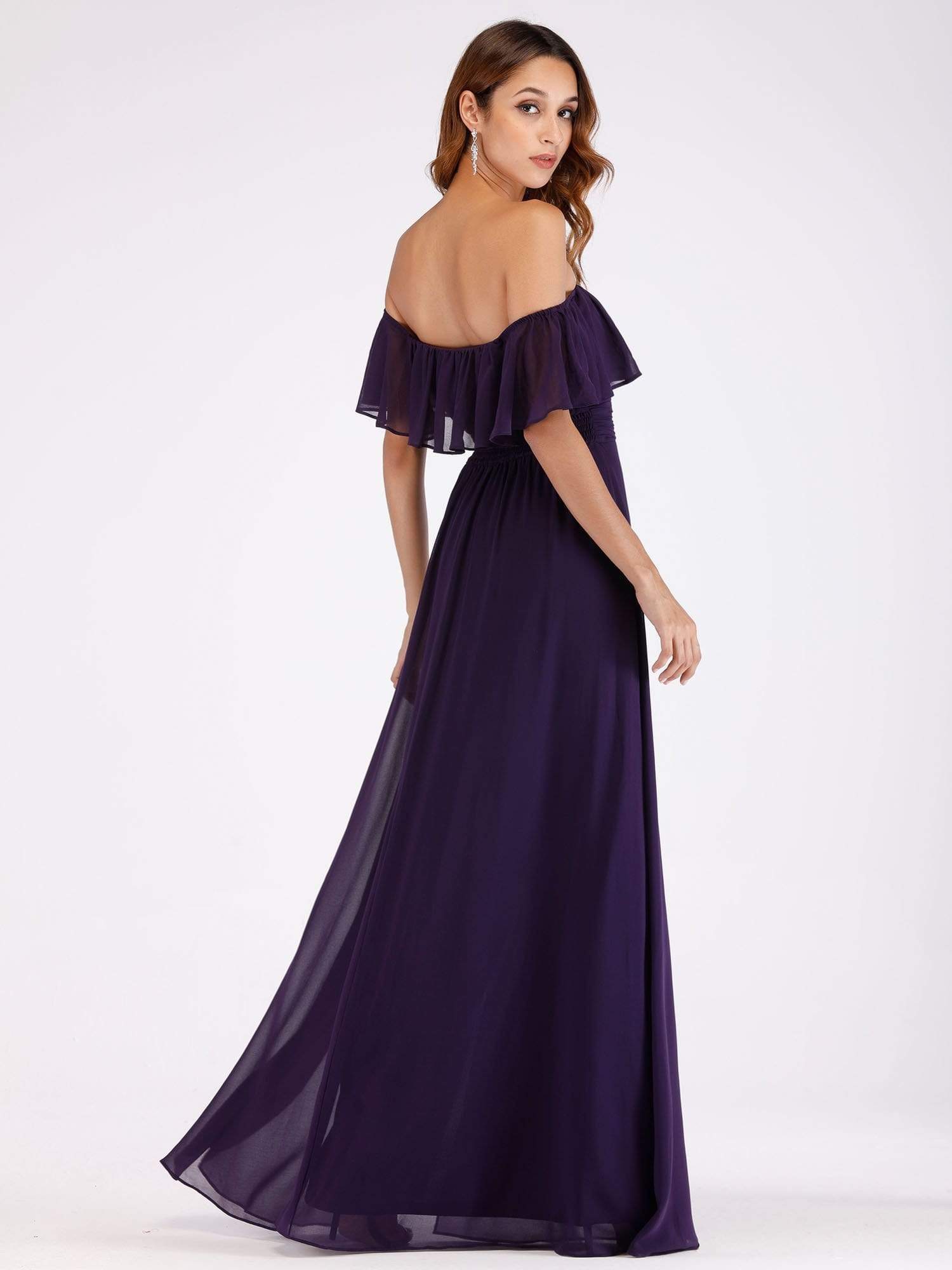 Color=Dark Purple | Women'S A-Line Off Shoulder Ruffle Thigh Split Bridesmaid Dress-Dark Purple 4
