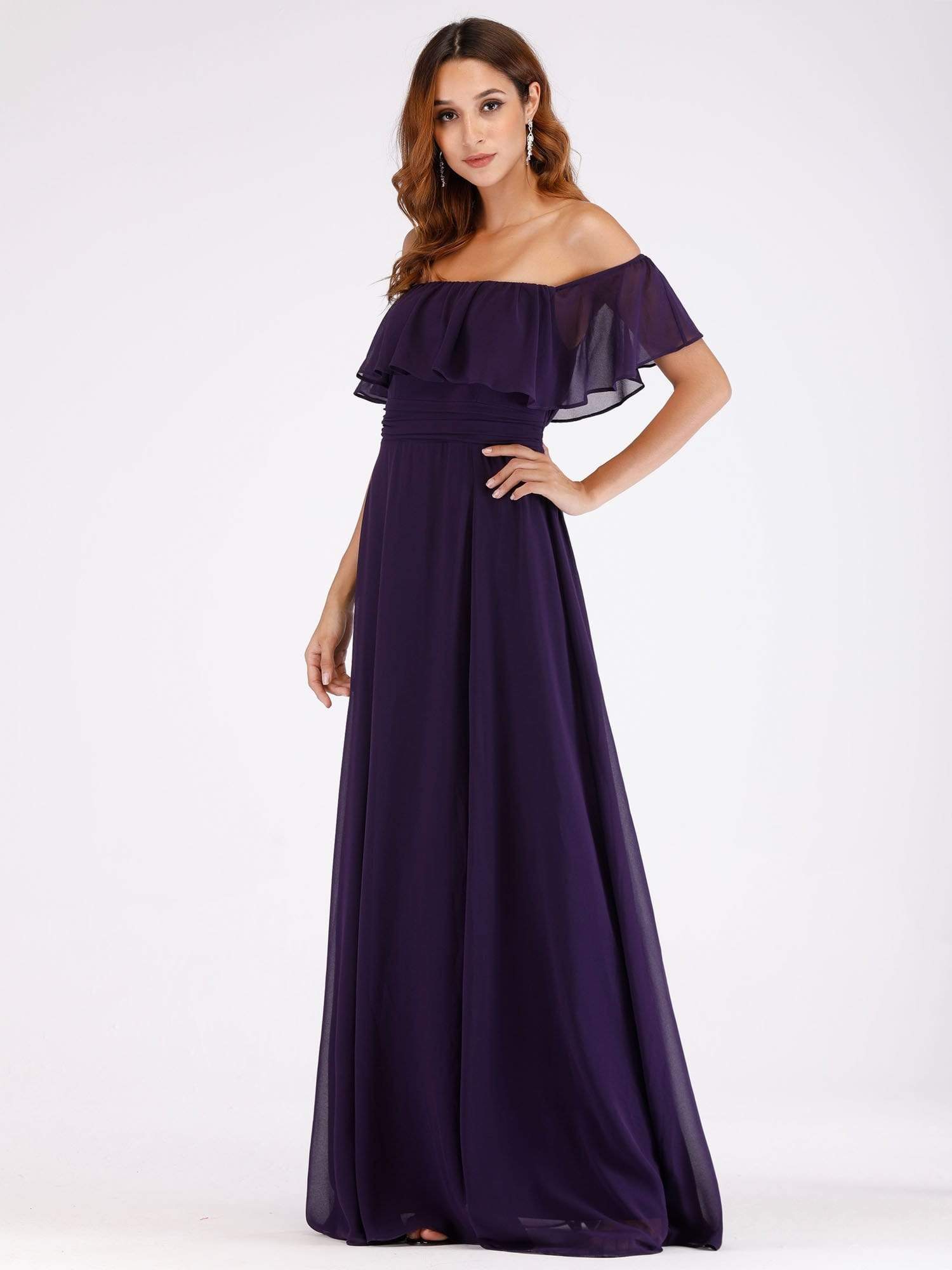 Color=Dark Purple | Women'S A-Line Off Shoulder Ruffle Thigh Split Bridesmaid Dress-Dark Purple 5