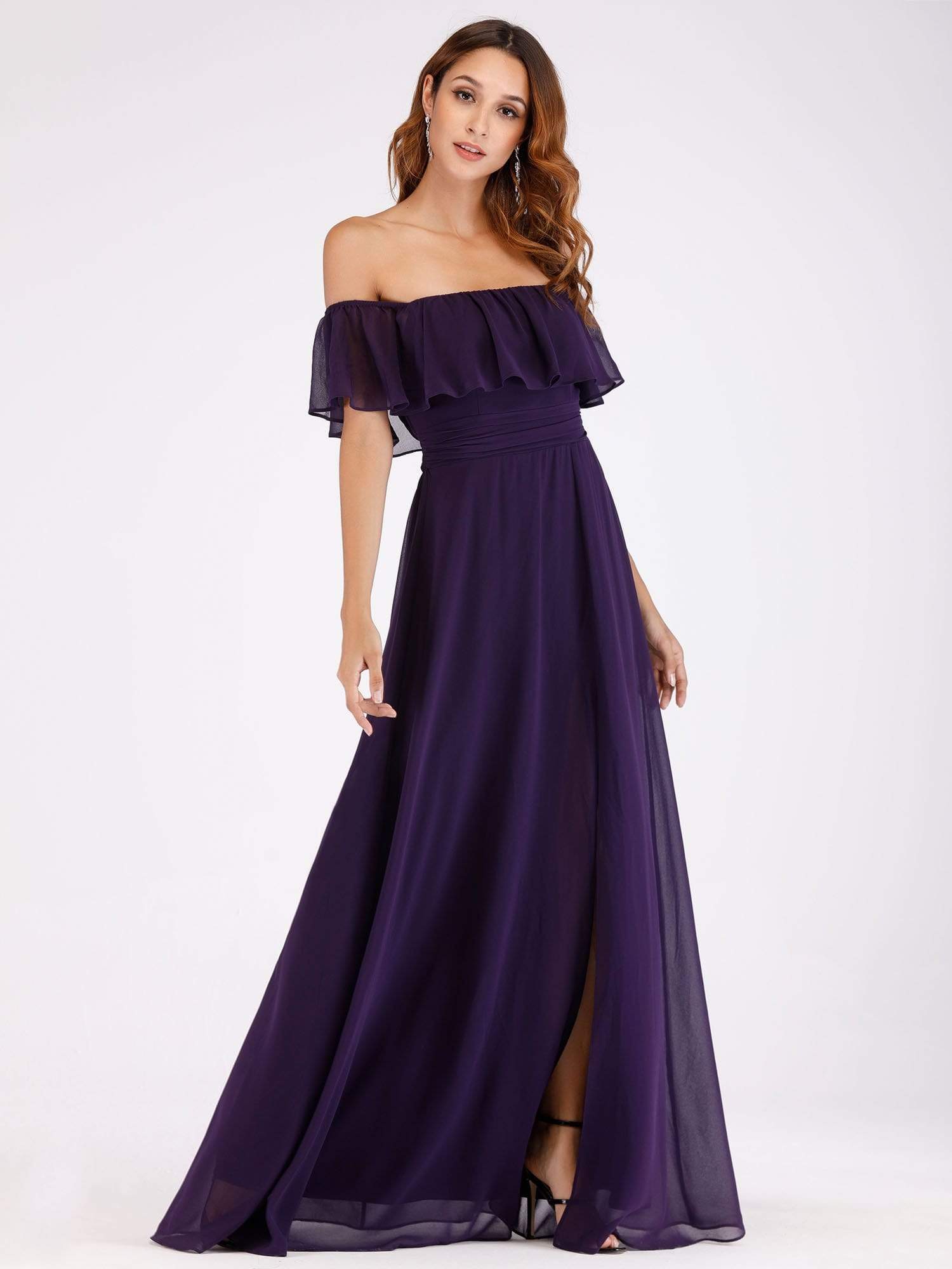 Color=Dark Purple | Women'S A-Line Off Shoulder Ruffle Thigh Split Bridesmaid Dress-Dark Purple 3