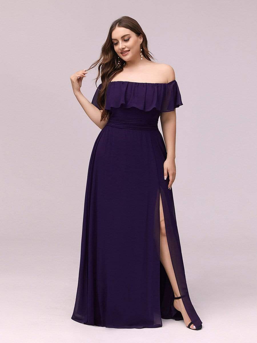 Color=Dark Purple | Plus Size Women'S A-Line Off Shoulder Ruffle Thigh Split Bridesmaid Dress-Dark Purple 3