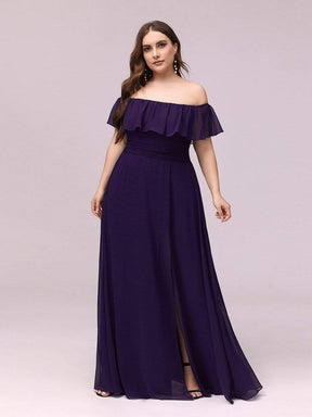 Color=Dark Purple | Plus Size Women'S A-Line Off Shoulder Ruffle Thigh Split Bridesmaid Dress-Dark Purple 4