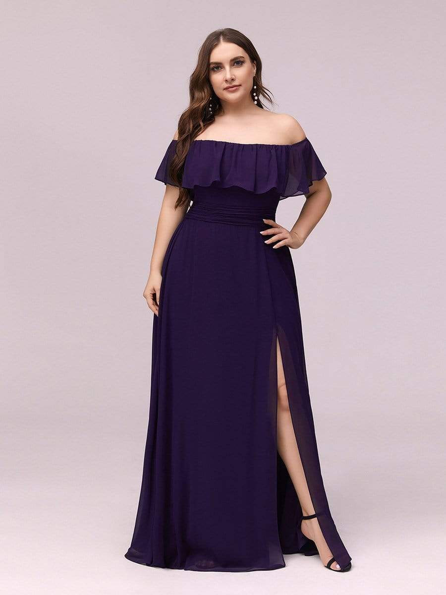 Color=Dark Purple | Women'S A-Line Off Shoulder Ruffle Thigh Split Bridesmaid Dress-Dark Purple 6