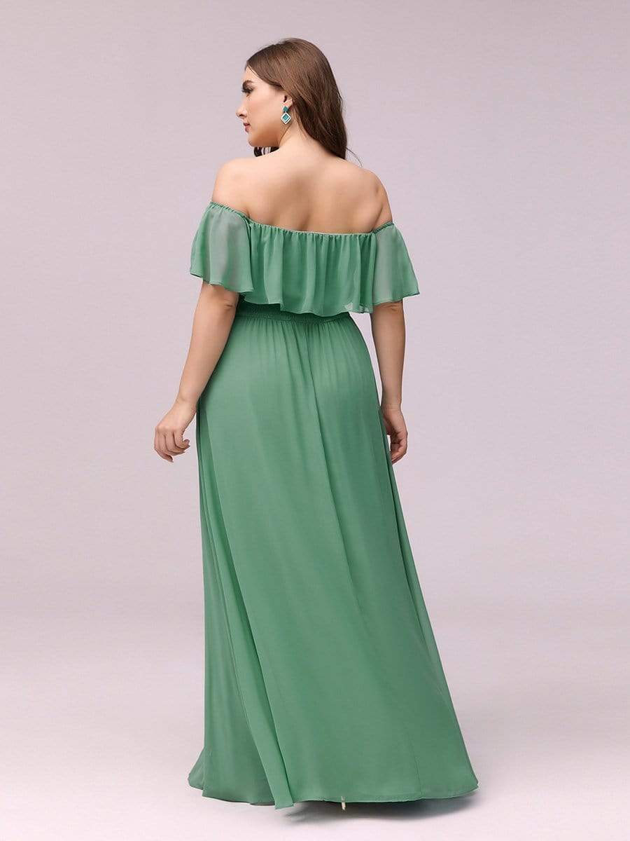 Color=Green Bean | Women'S A-Line Off Shoulder Ruffle Thigh Split Bridesmaid Dress-Green Bean 2