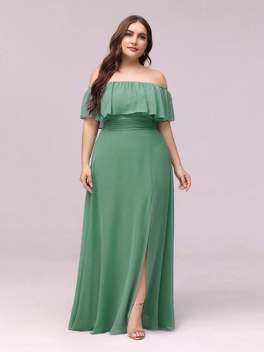 Color=Green Bean | Women'S A-Line Off Shoulder Ruffle Thigh Split Bridesmaid Dress-Green Bean 5