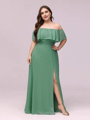 Color=Green Bean | Women'S A-Line Off Shoulder Ruffle Thigh Split Bridesmaid Dress-Green Bean 4