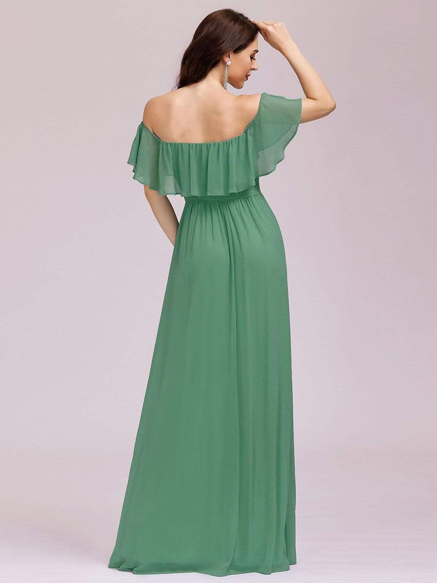 Color=Green Bean | Women'S A-Line Off Shoulder Ruffle Thigh Split Bridesmaid Dress-Green Bean 2