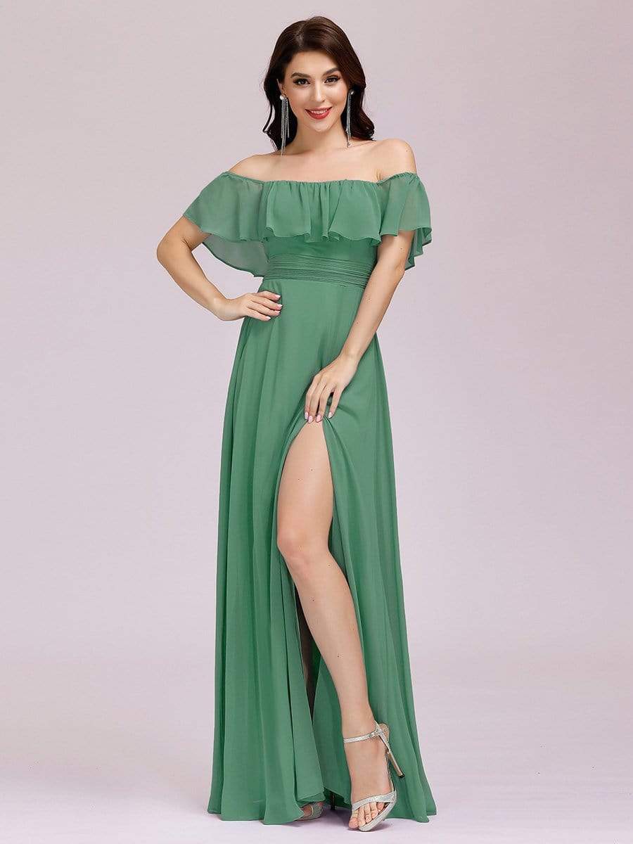Color=Green Bean | Women'S A-Line Off Shoulder Ruffle Thigh Split Bridesmaid Dress-Green Bean 1