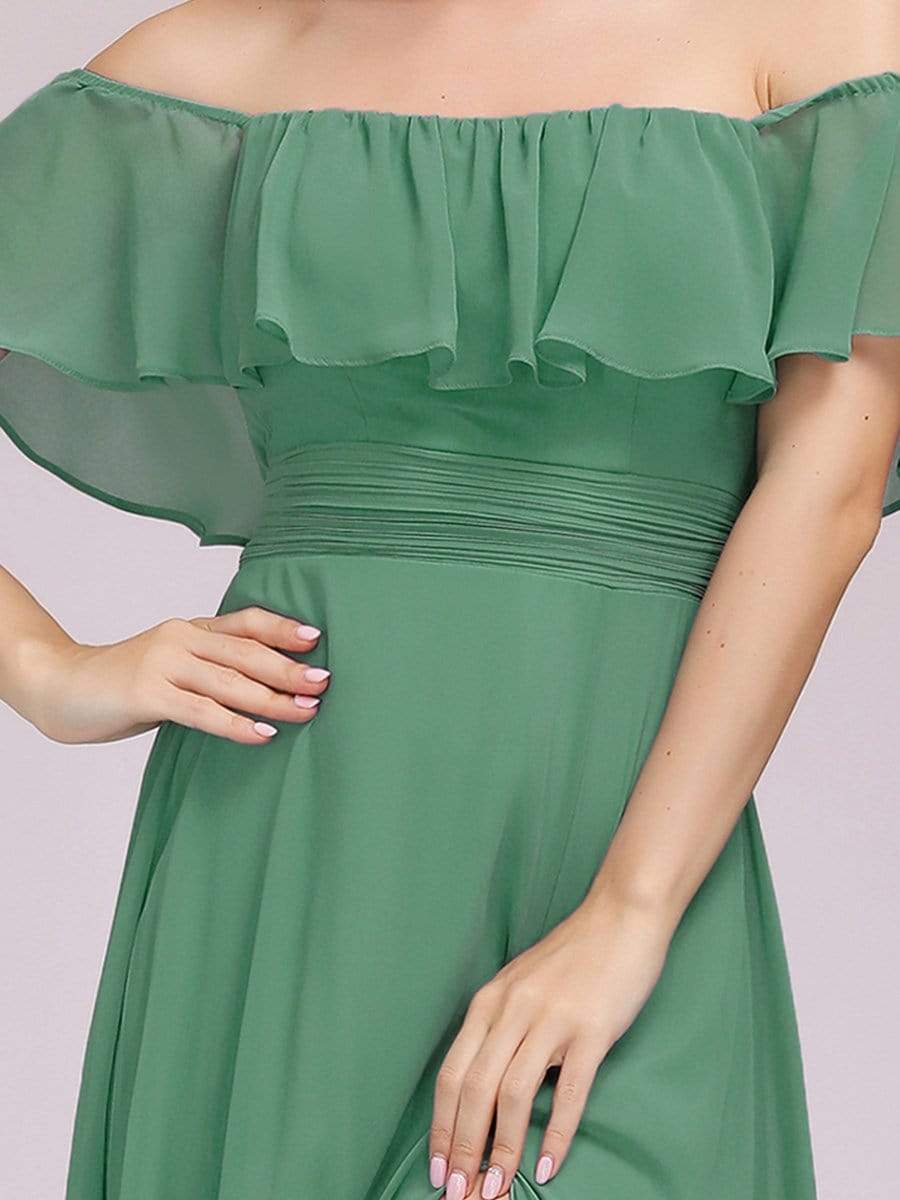 Color=Green Bean | Women'S A-Line Off Shoulder Ruffle Thigh Split Bridesmaid Dress-Green Bean 3