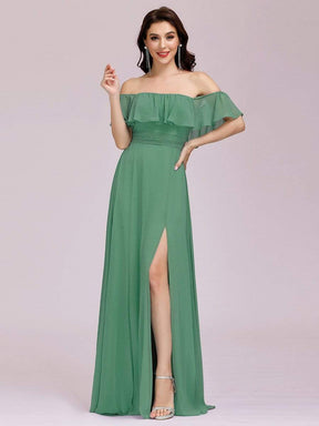 Color=Green Bean | Women'S A-Line Off Shoulder Ruffle Thigh Split Bridesmaid Dress-Green Bean 1