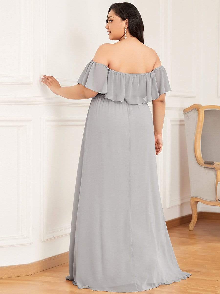 Color=Grey | Women's A-Line Off Shoulder Ruffle Thigh Split Bridesmaid Dresses-Grey 2