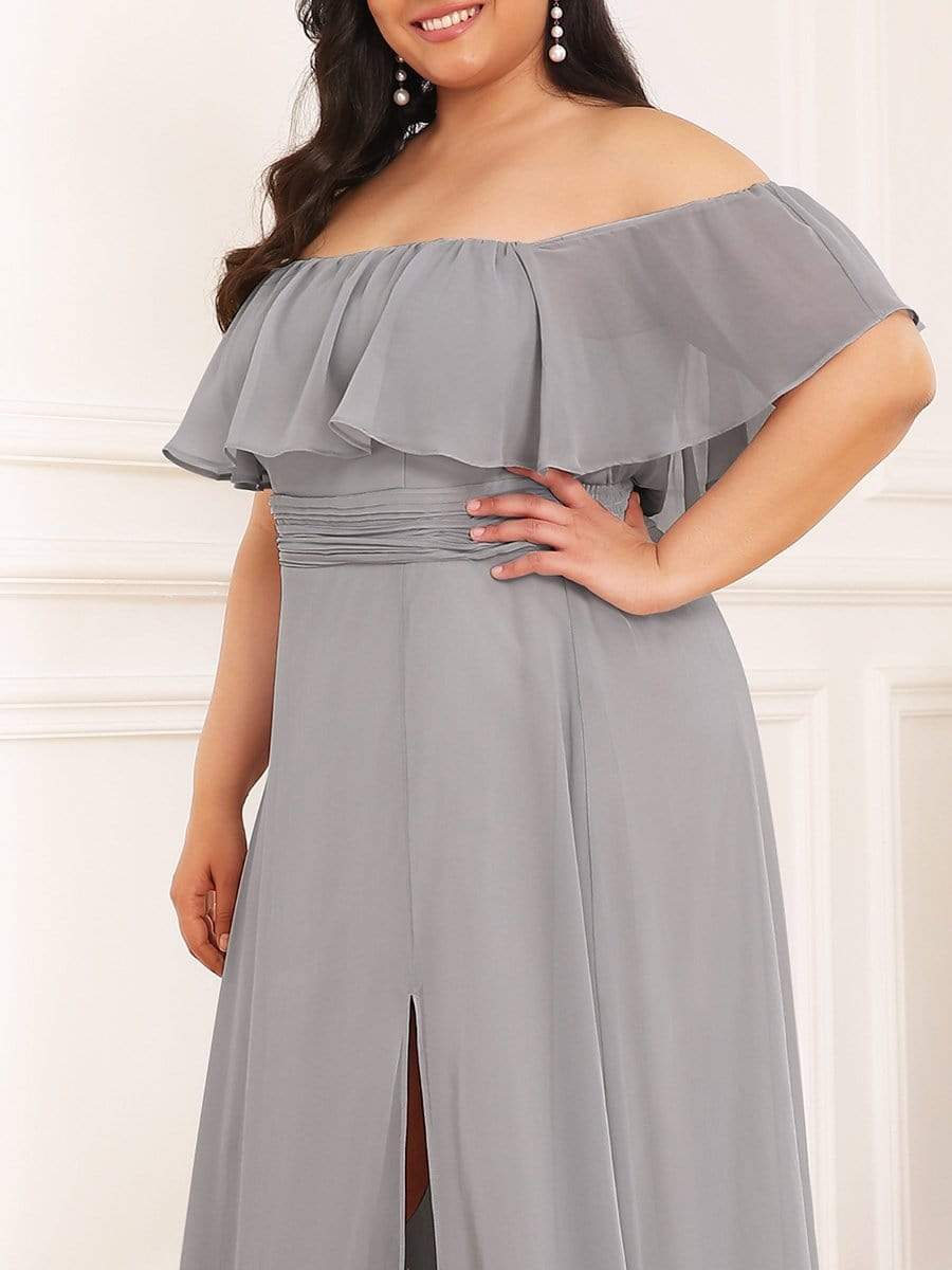 Color=Grey | Women's A-Line Off Shoulder Ruffle Thigh Split Bridesmaid Dresses-Grey 3