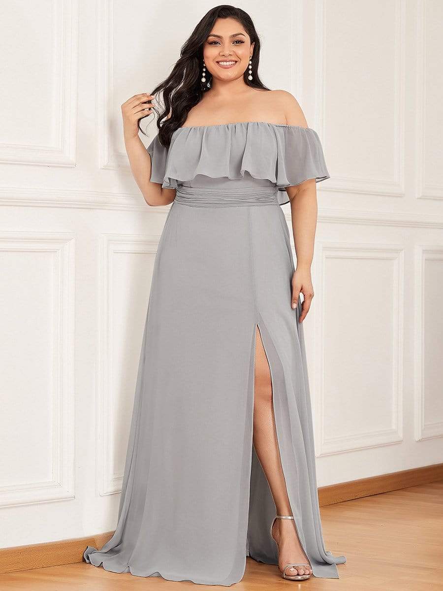 Color=Grey | Women's A-Line Off Shoulder Ruffle Thigh Split Bridesmaid Dresses-Grey 5