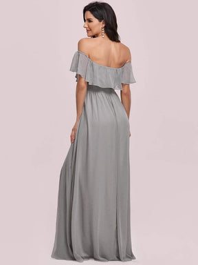 Color=Grey | Women's A-Line Off Shoulder Ruffle Thigh Split Bridesmaid Dresses-Grey 5