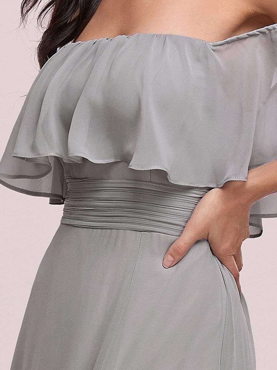 Color=Grey | Women's A-Line Off Shoulder Ruffle Thigh Split Bridesmaid Dresses-Grey 3