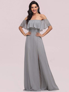 Color=Grey | Women's A-Line Off Shoulder Ruffle Thigh Split Bridesmaid Dresses-Grey 4