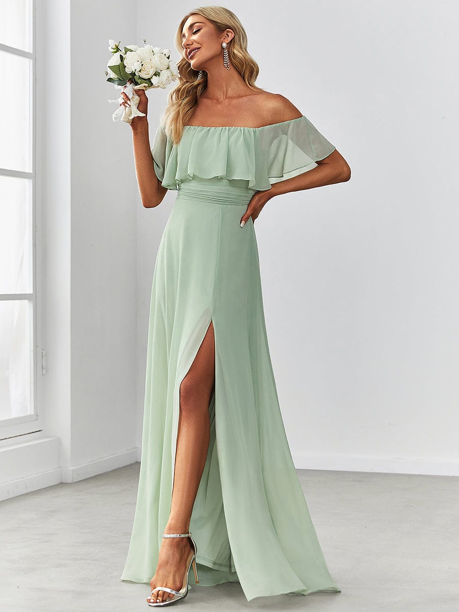 Off Shoulder Chiffon Maxi Bridesmaid Dresses with Side Split