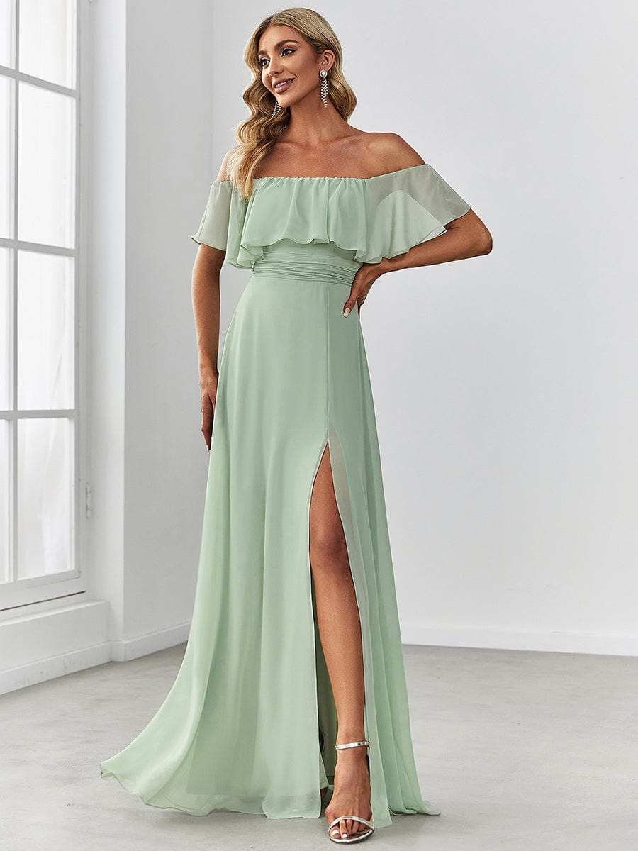 Off Shoulder Chiffon Maxi Bridesmaid Dresses with Side Split