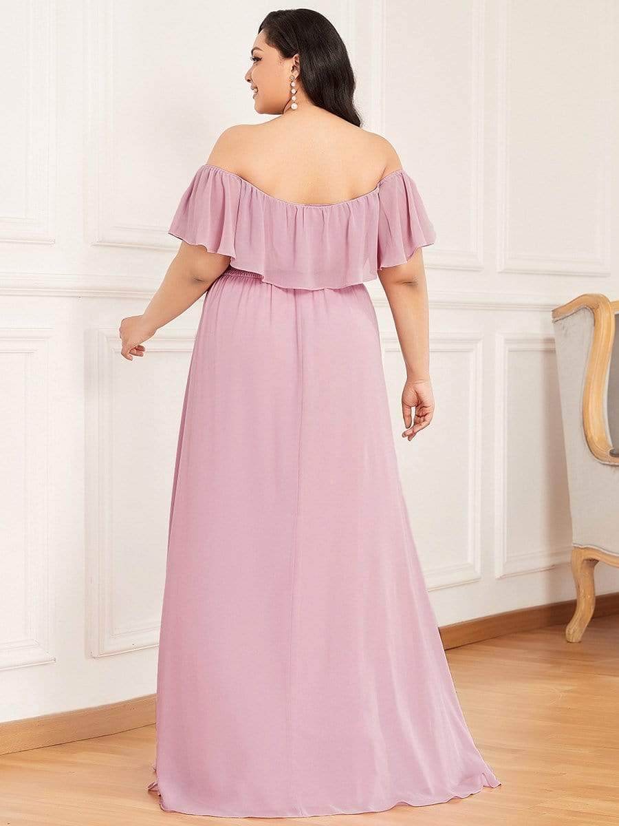 Color=Mauve | Women's A-Line Off Shoulder Ruffle Thigh Split Bridesmaid Dresses-Mauve 2