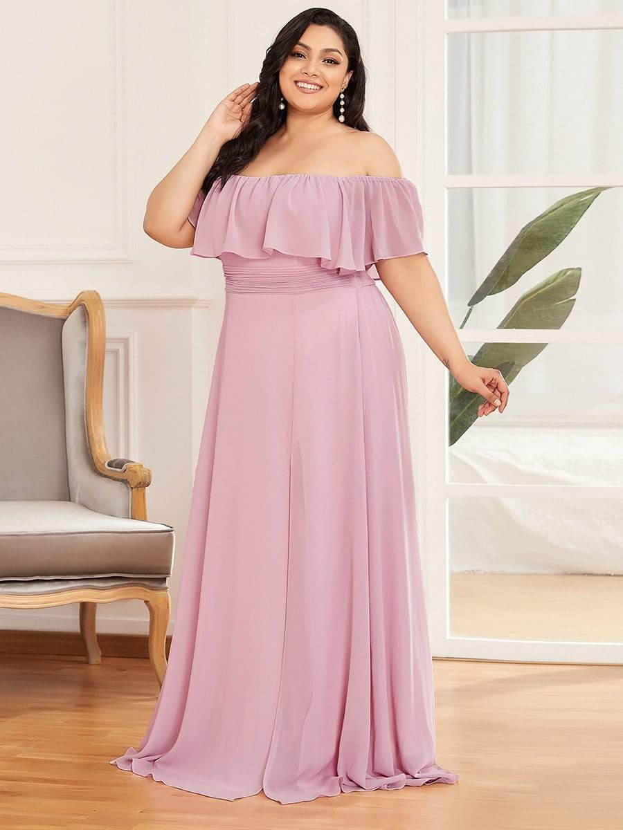 Color=Mauve | Women's A-Line Off Shoulder Ruffle Thigh Split Bridesmaid Dresses-Mauve 4