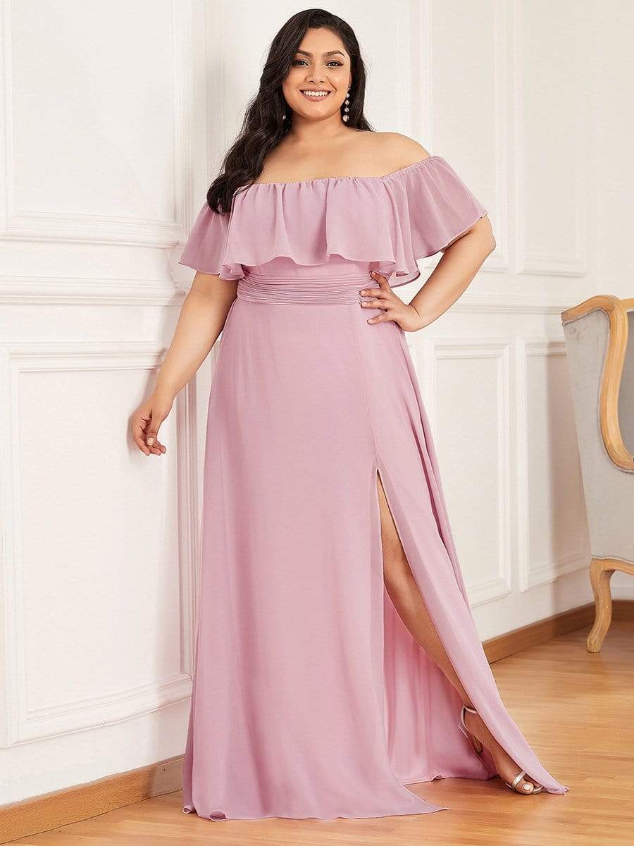 Color=Mauve | Women's A-Line Off Shoulder Ruffle Thigh Split Bridesmaid Dresses-Mauve 5