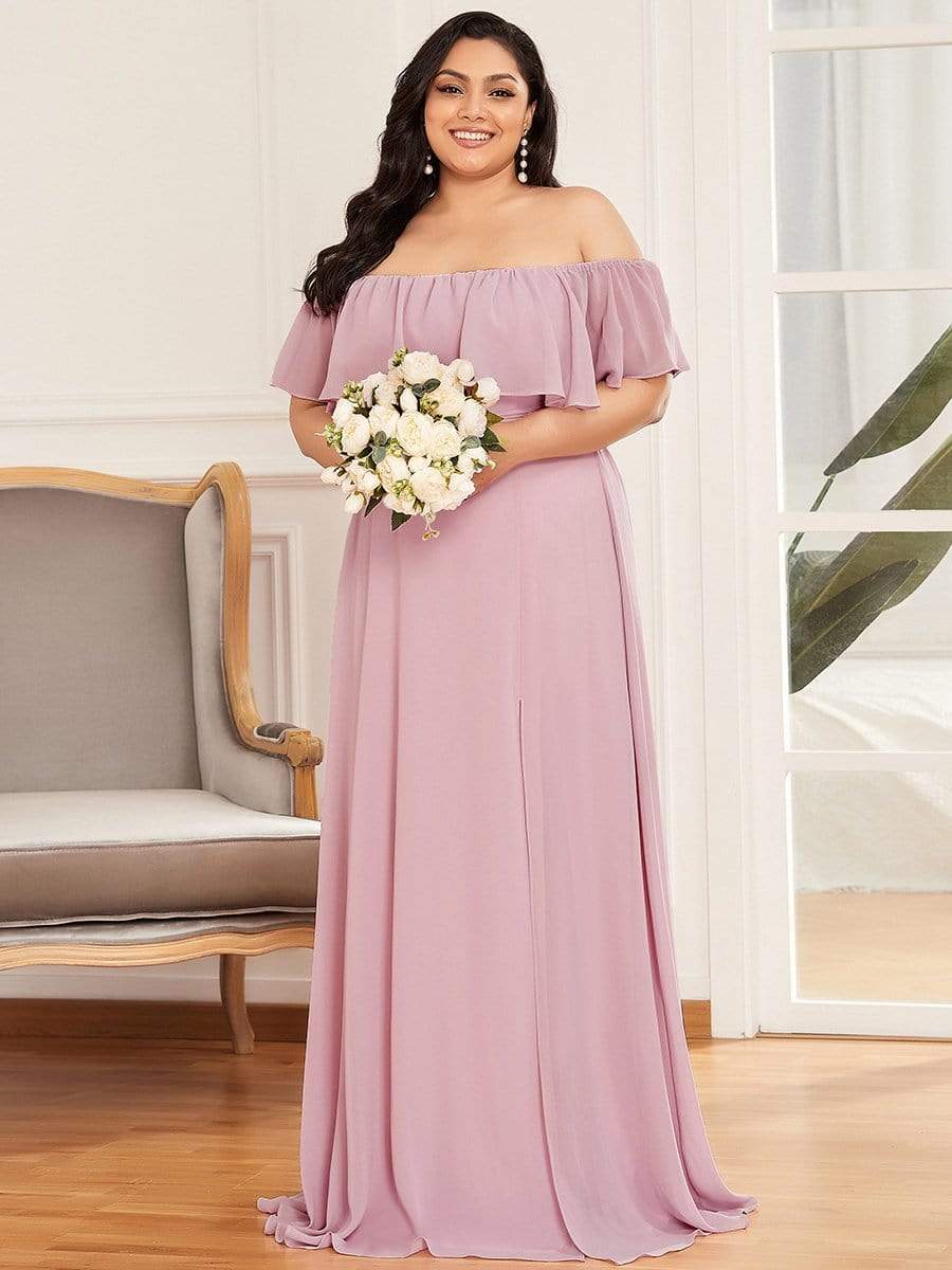 Color=Mauve | Women's A-Line Off Shoulder Ruffle Thigh Split Bridesmaid Dresses-Mauve 1