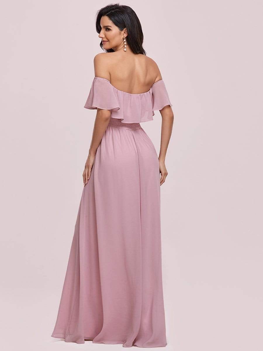 Color=Mauve | Women's A-Line Off Shoulder Ruffle Thigh Split Bridesmaid Dresses-Mauve 5