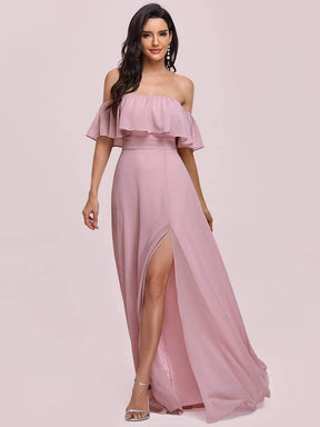 Color=Mauve | Women's A-Line Off Shoulder Ruffle Thigh Split Bridesmaid Dresses-Mauve 4
