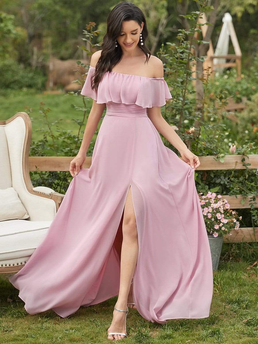 Color=Mauve | Women's A-Line Off Shoulder Ruffle Thigh Split Bridesmaid Dresses-Mauve 1