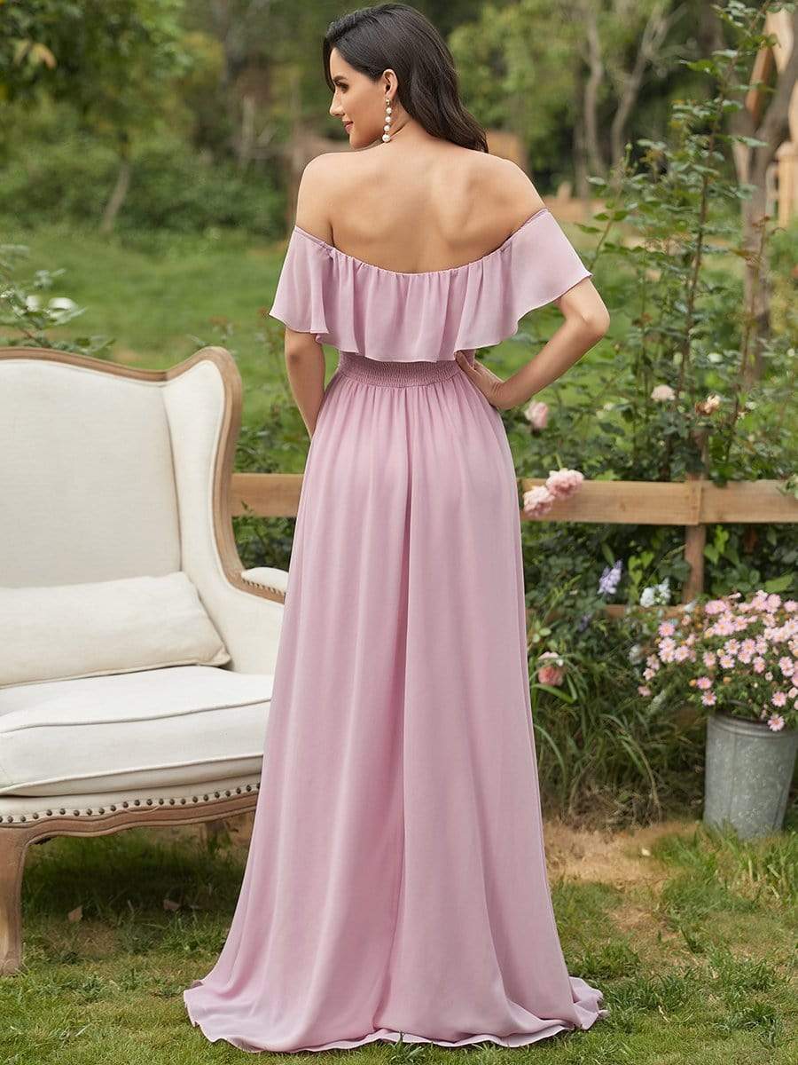 Color=Mauve | Women's A-Line Off Shoulder Ruffle Thigh Split Bridesmaid Dresses-Mauve 2