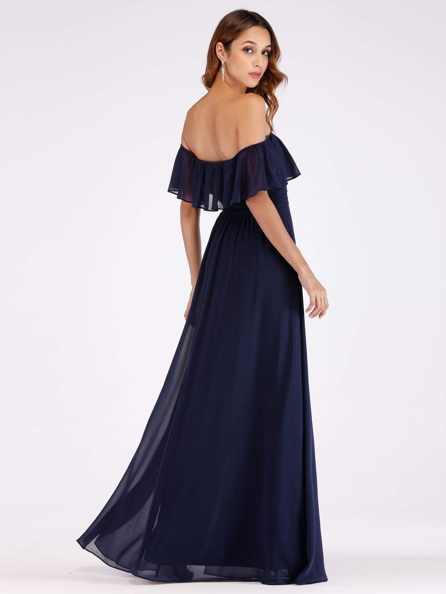 Color=Navy Blue | Women'S A-Line Off Shoulder Ruffle Thigh Split Bridesmaid Dress-Navy Blue 4