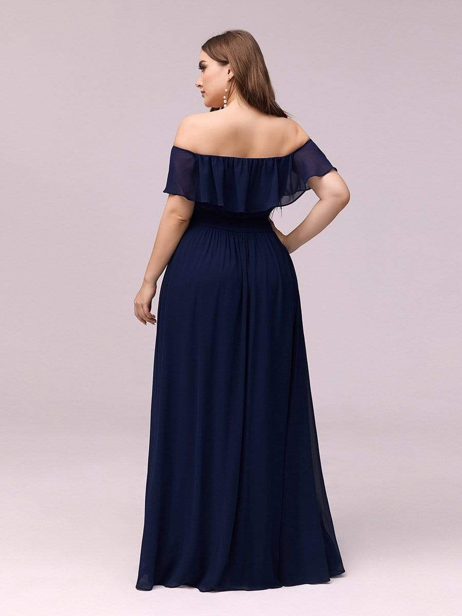 Color=Navy Blue | Plus Size Women'S A-Line Off Shoulder Ruffle Thigh Split Bridesmaid Dress-Navy Blue 2