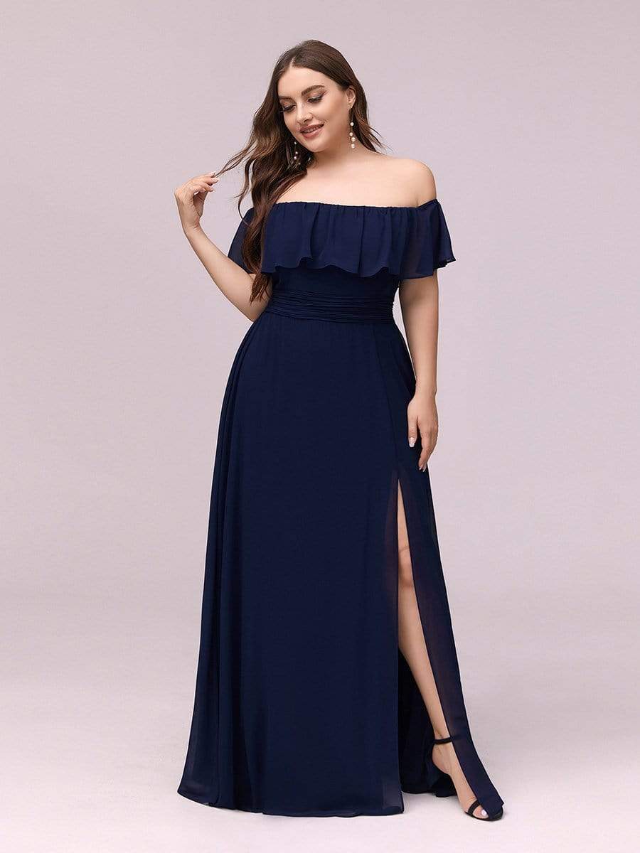 Color=Navy Blue | Plus Size Women'S A-Line Off Shoulder Ruffle Thigh Split Bridesmaid Dress-Navy Blue 3