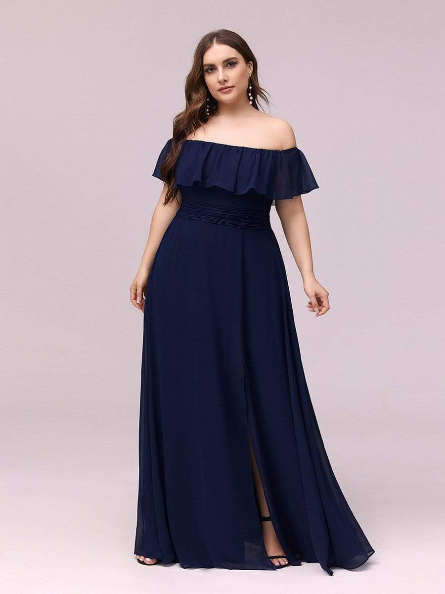Color=Navy Blue | Plus Size Women'S A-Line Off Shoulder Ruffle Thigh Split Bridesmaid Dress-Navy Blue 4