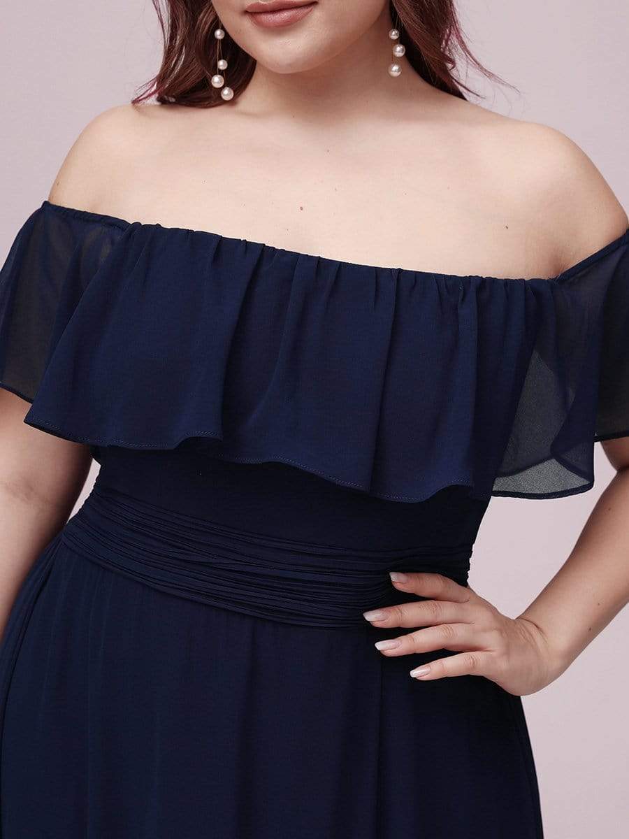 Color=Navy Blue | Plus Size Women'S A-Line Off Shoulder Ruffle Thigh Split Bridesmaid Dress-Navy Blue 5