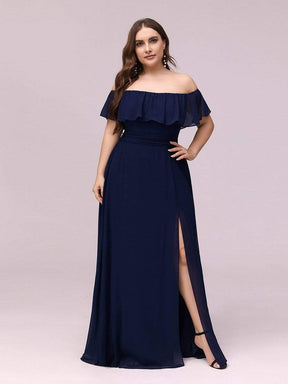 Color=Navy Blue | Plus Size Women'S A-Line Off Shoulder Ruffle Thigh Split Bridesmaid Dress-Navy Blue 1