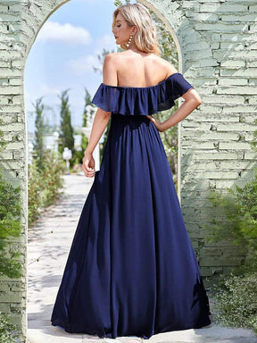 Color=Navy Blue | Women'S A-Line Off Shoulder Ruffle Thigh Split Bridesmaid Dress-Navy Blue 2