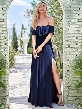 Color=Navy Blue | Women'S A-Line Off Shoulder Ruffle Thigh Split Bridesmaid Dress-Navy Blue 1