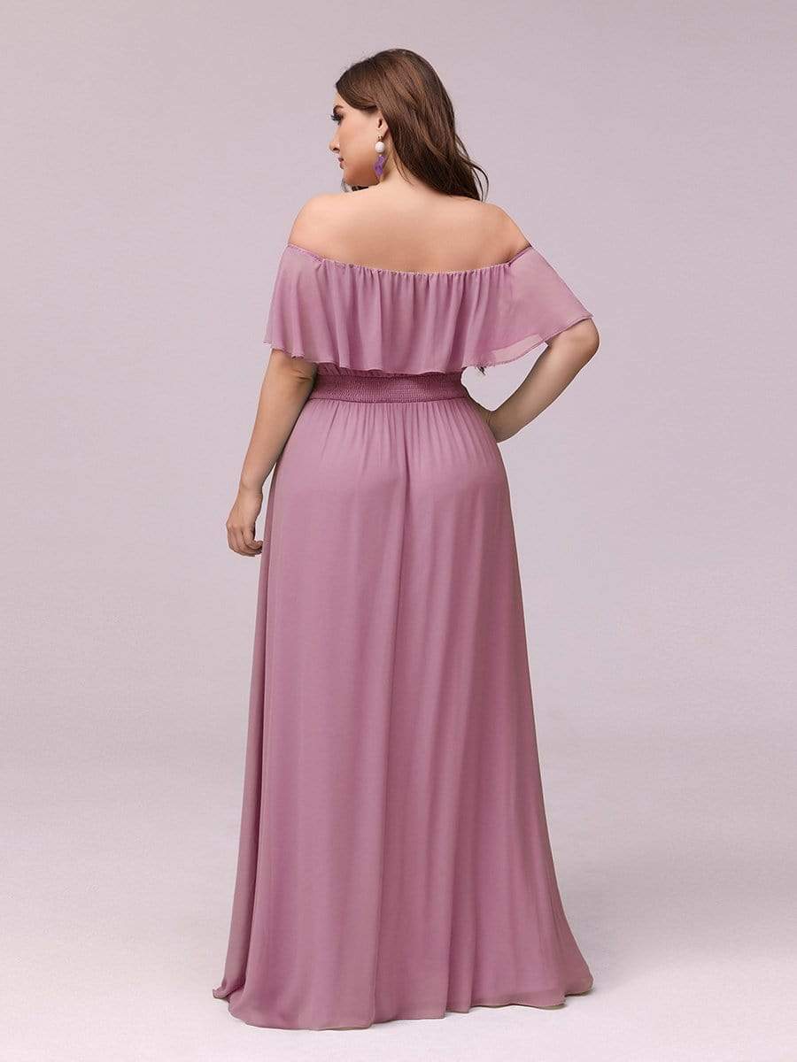 Color=Purple Orchid | Plus Size Women'S A-Line Off Shoulder Ruffle Thigh Split Bridesmaid Dress-Purple Orchid 2