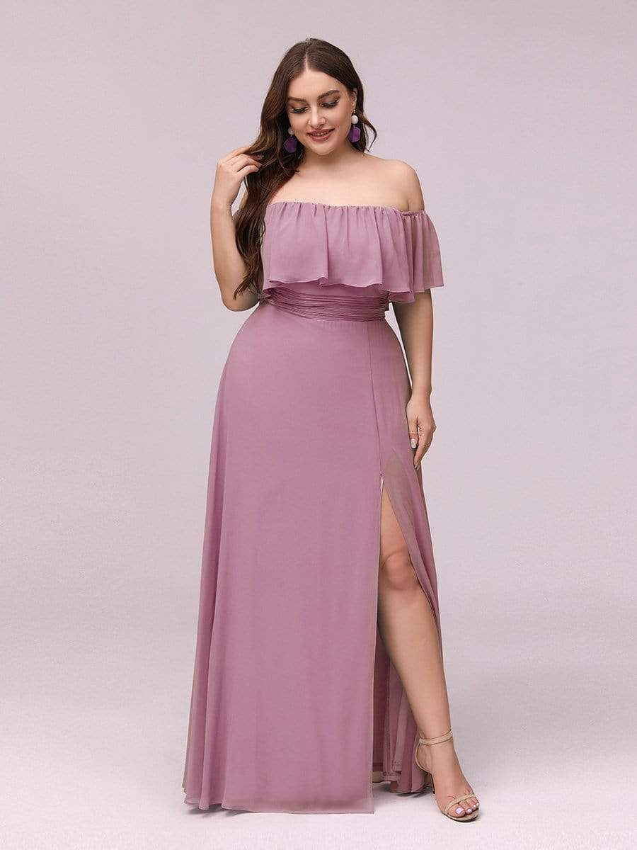 Color=Purple Orchid | Plus Size Women'S A-Line Off Shoulder Ruffle Thigh Split Bridesmaid Dress-Purple Orchid 4