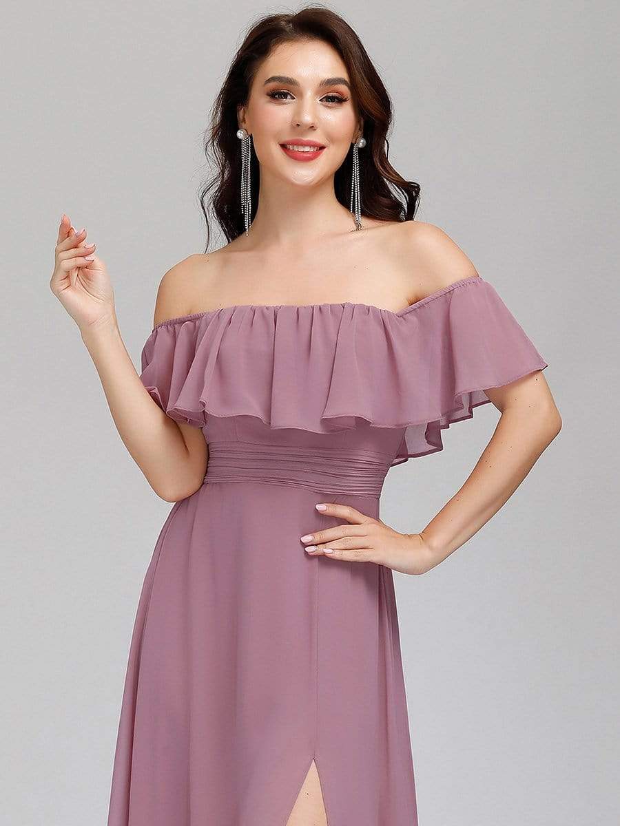 Color=Purple Orchid | Women'S A-Line Off Shoulder Ruffle Thigh Split Bridesmaid Dress-Purple Orchid 10