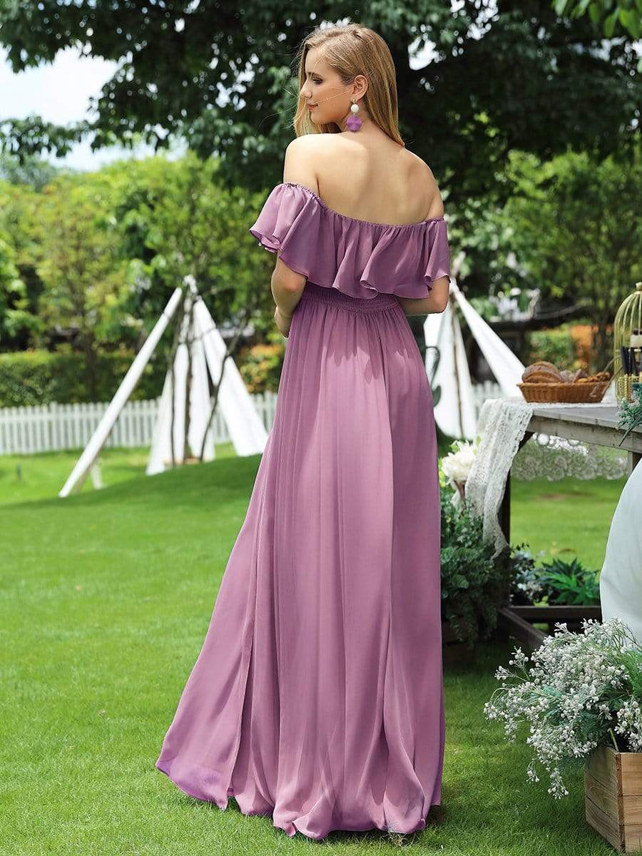 Color=Purple Orchid | Women'S A-Line Off Shoulder Ruffle Thigh Split Bridesmaid Dress-Purple Orchid 2