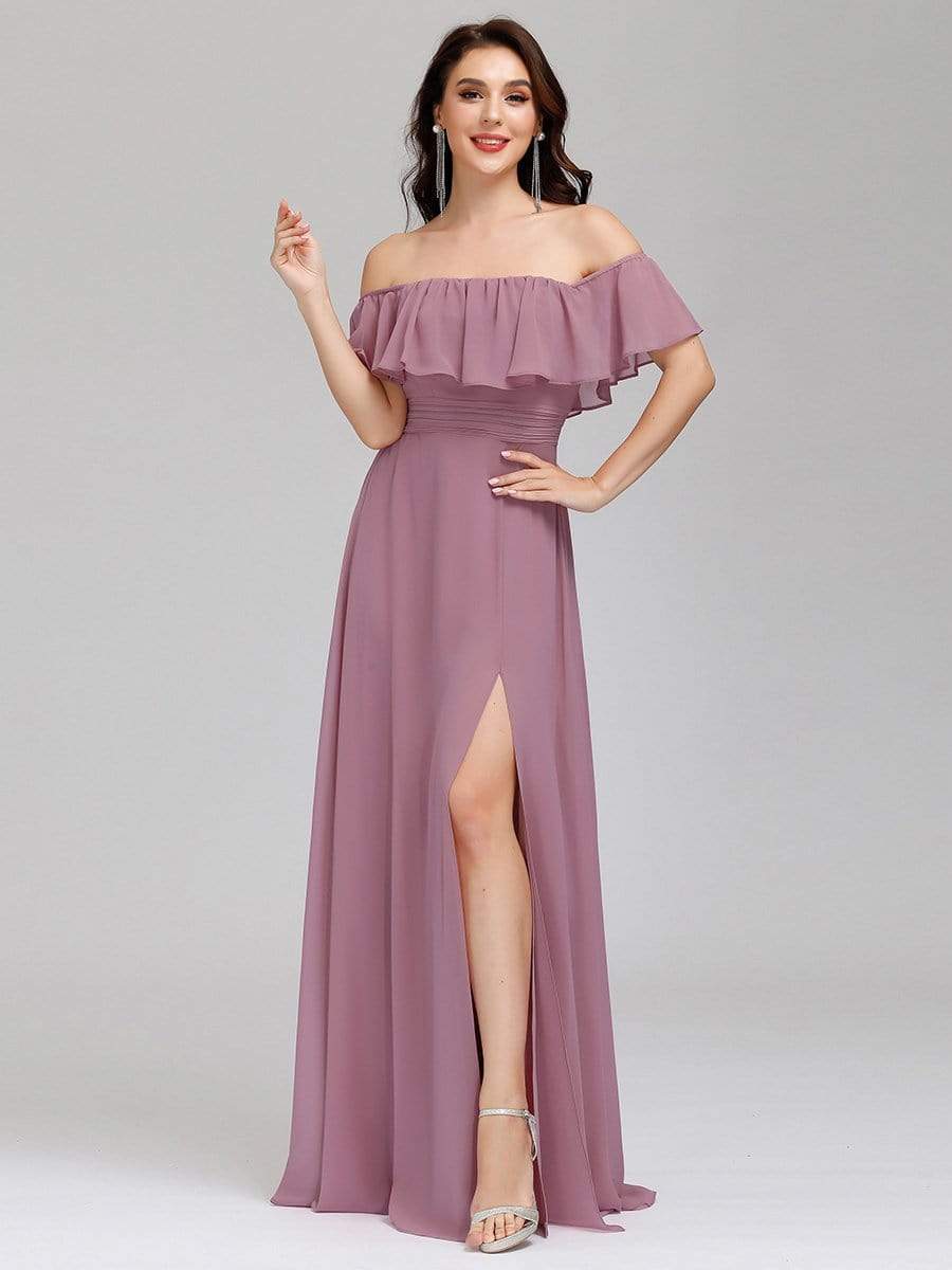 Color=Purple Orchid | Women'S A-Line Off Shoulder Ruffle Thigh Split Bridesmaid Dress-Purple Orchid 6