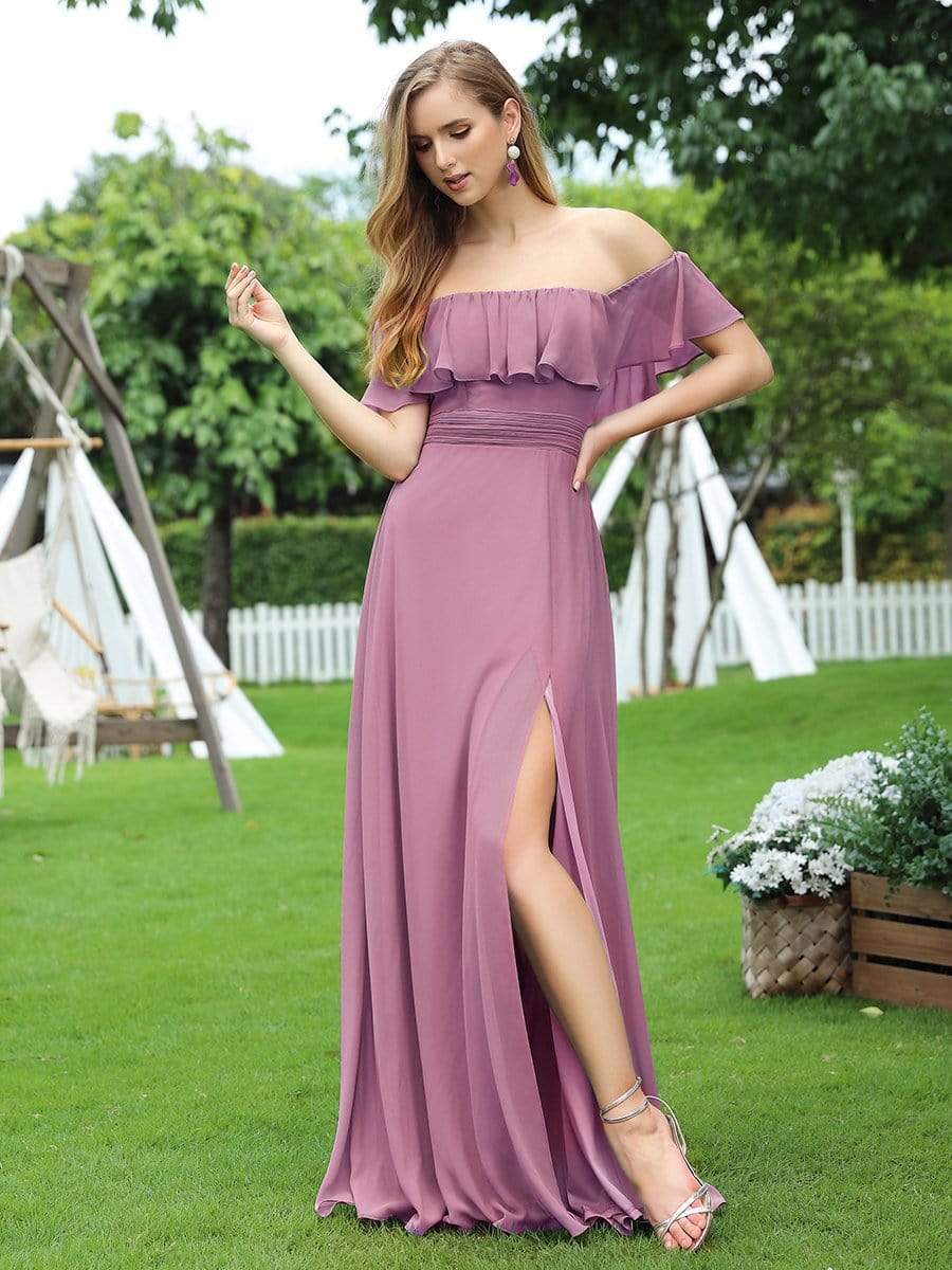 Color=Purple Orchid | Women'S A-Line Off Shoulder Ruffle Thigh Split Bridesmaid Dress-Purple Orchid 1
