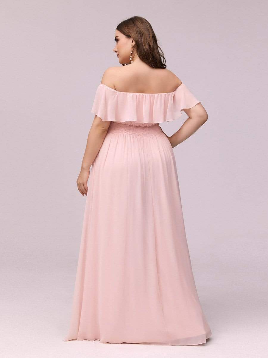 Color=Pink | Plus Size Women'S A-Line Off Shoulder Ruffle Thigh Split Bridesmaid Dress-Pink 2