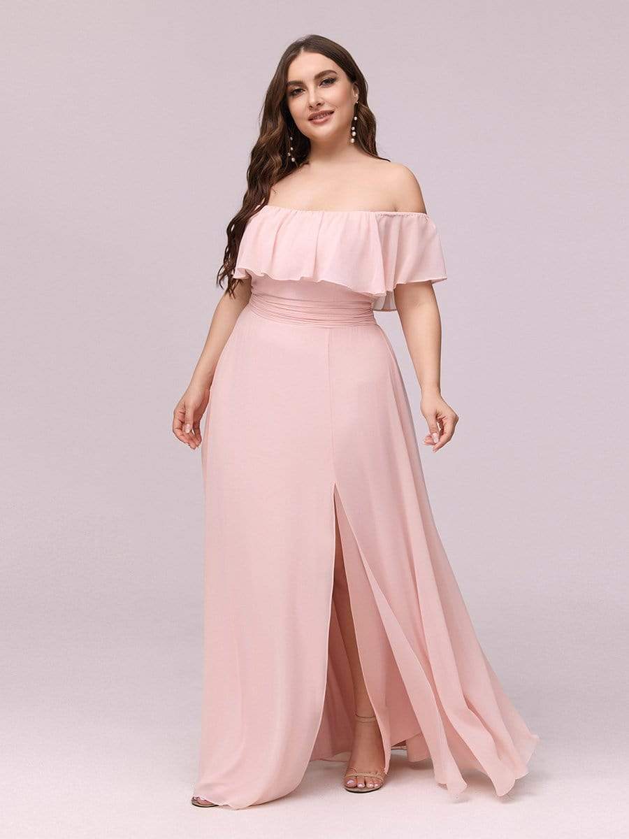 Color=Pink | Plus Size Women'S A-Line Off Shoulder Ruffle Thigh Split Bridesmaid Dress-Pink 3