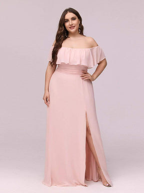 Color=Pink | Plus Size Women'S A-Line Off Shoulder Ruffle Thigh Split Bridesmaid Dress-Pink 4