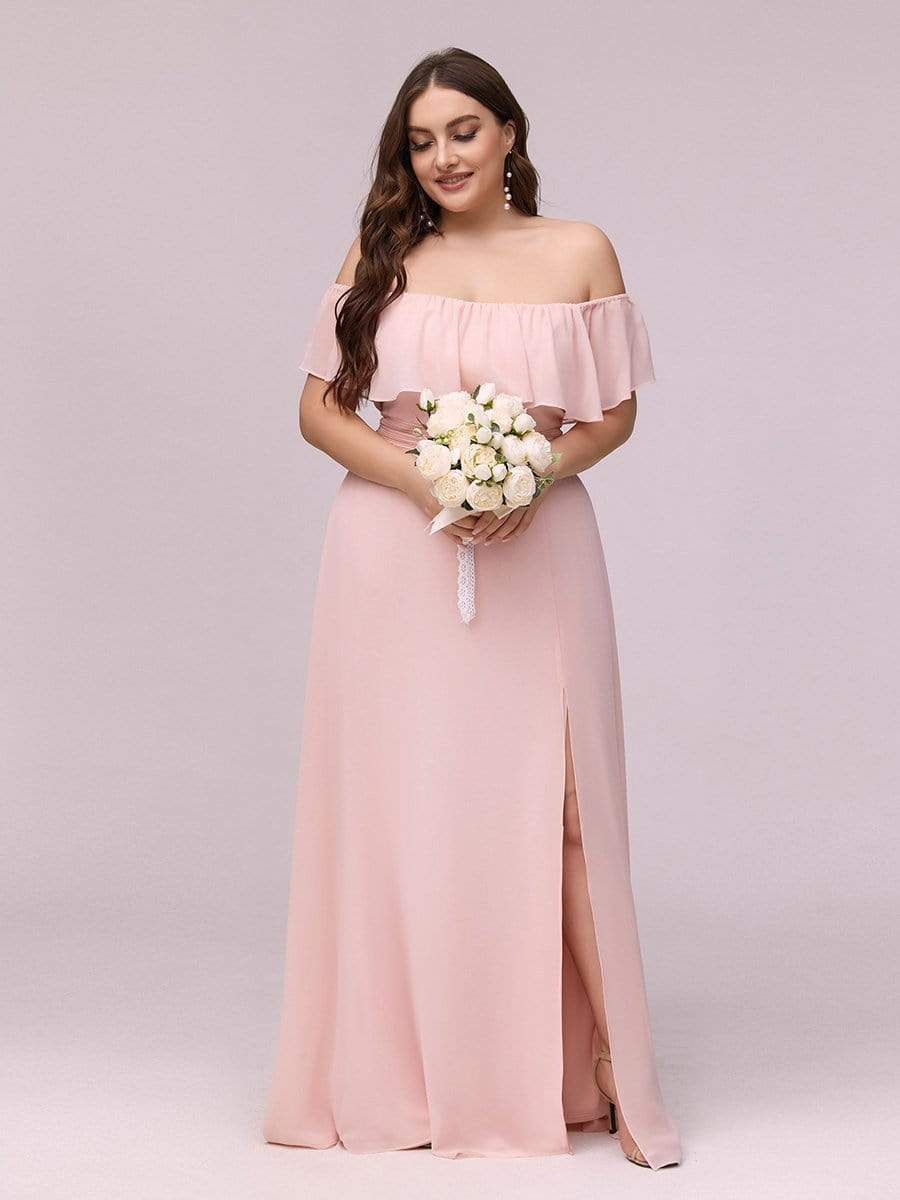 Color=Pink | Plus Size Women'S A-Line Off Shoulder Ruffle Thigh Split Bridesmaid Dress-Pink 1
