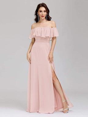 Color=Pink | Women'S A-Line Off Shoulder Ruffle Thigh Split Bridesmaid Dress-Pink 4