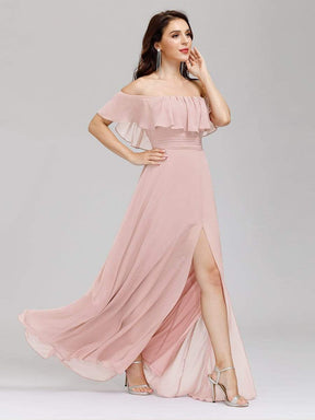 Color=Pink | Women'S A-Line Off Shoulder Ruffle Thigh Split Bridesmaid Dress-Pink 5